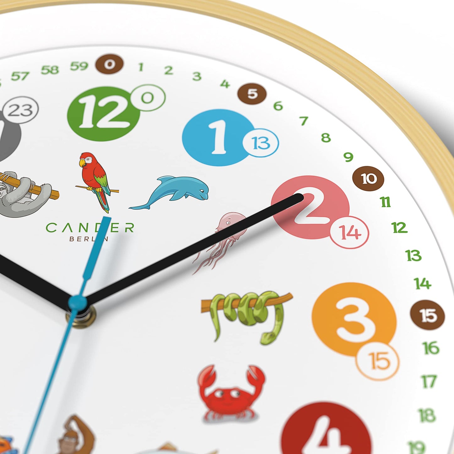 Cander Berlin MNU 2430 T Wooden Kids Wall Clock 30.5 cm Animal Learning Clock Silent Analog Wood Frame Nursery Non-ticking for Boys Girls