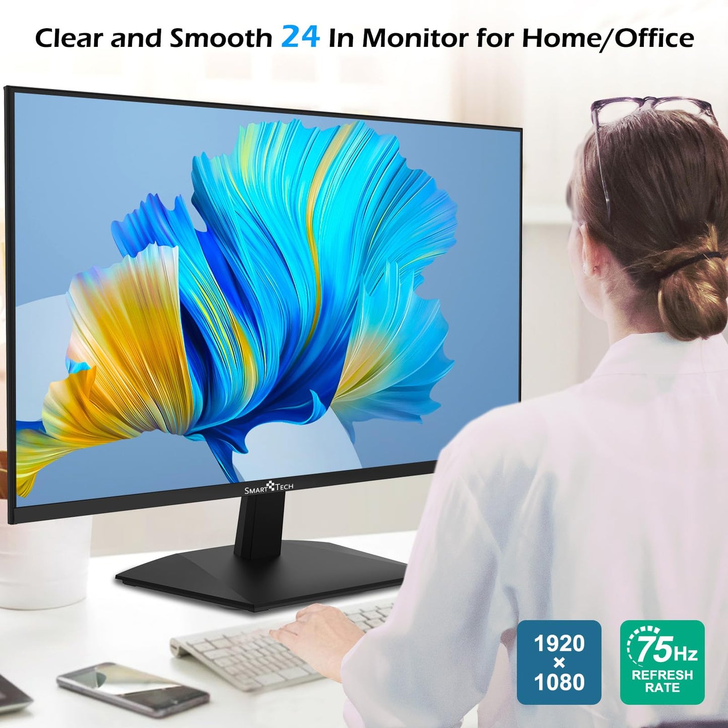 Smart Tech Monitor 24 inch, Business PC screen with speakers, IPS panel, FHD monitor 1080p, Adaptive-Sync, 4ms, Eye Comfort, VESA 75x75, USB-C HDMI1.4 VGA.