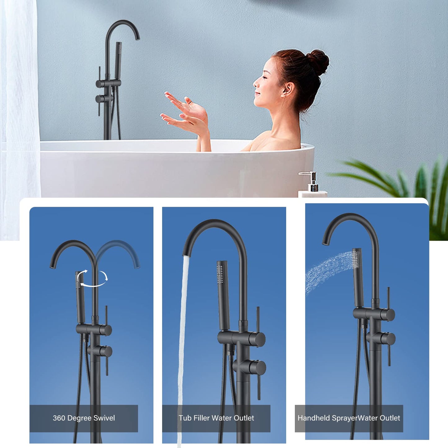 Rozin Freestanding Tub Faucet Black Bathroom Faucet with Hand Shower Floor Mount Bathtub Faucet 2 Handles 360° Rotate Shower Faucets for Tub