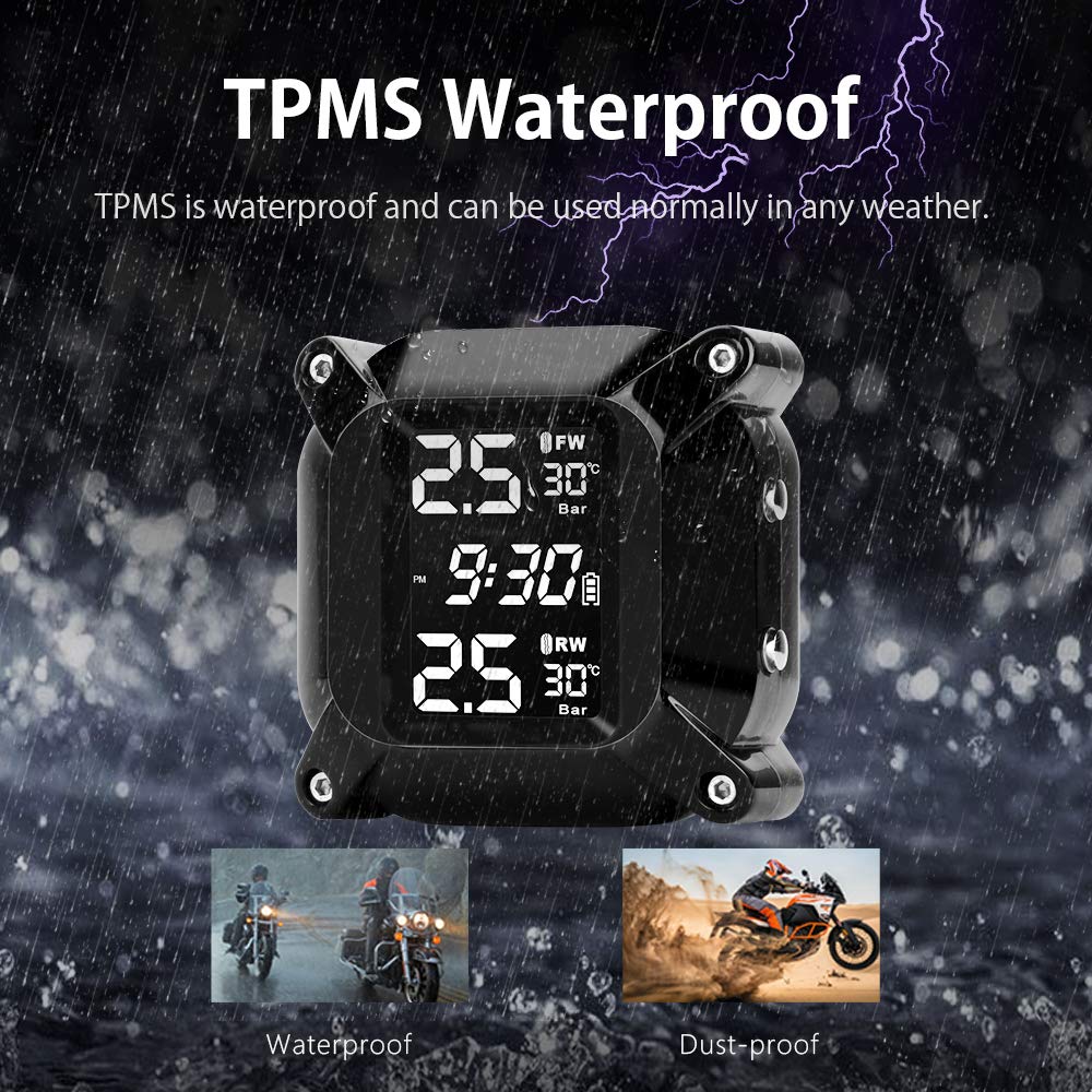Jansite Motorcycle TPMS Wireless Tire Pressure Monitoring System with 2 external sensors LCD display Car Alarm System Anti-Off & Waterproof Waterproof