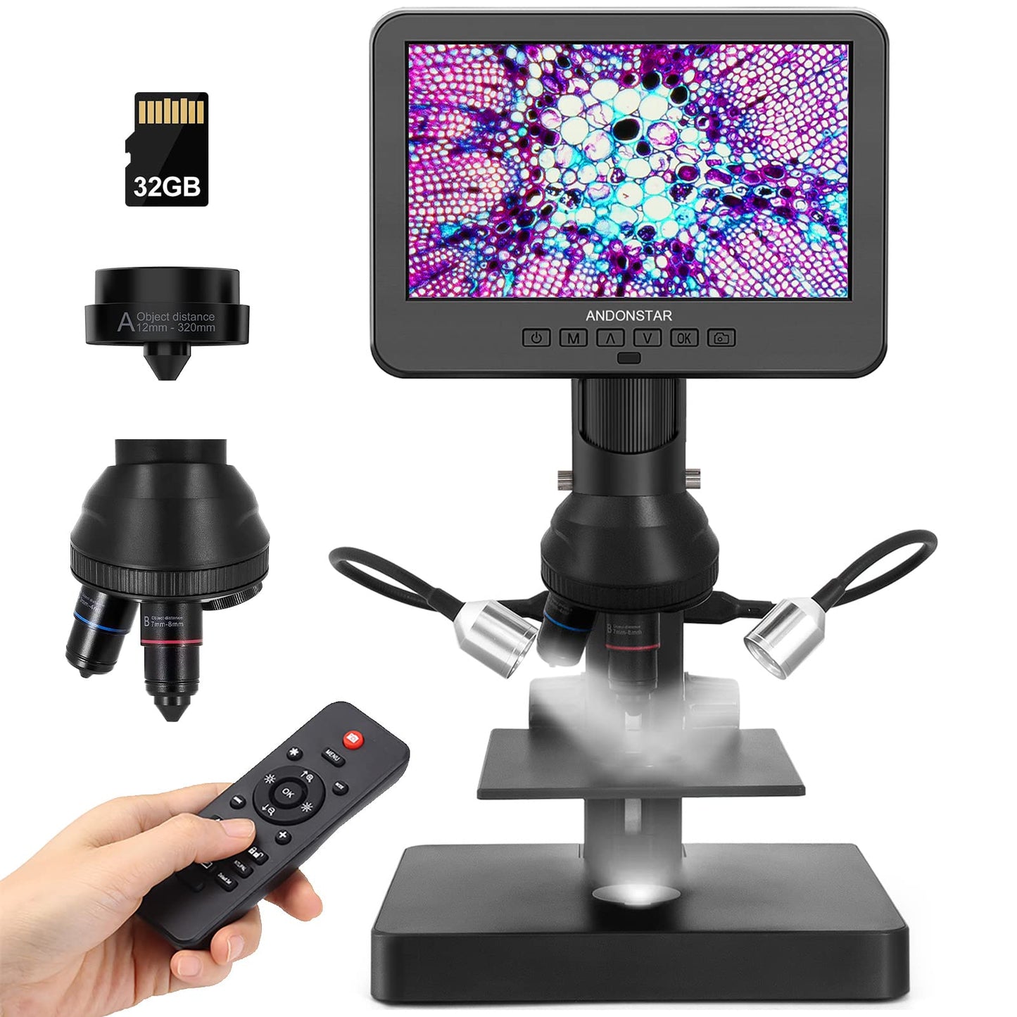 Andonstar AD246S-P HDMI digital microscope with 7-inch screen, 4000 x 2160P UHD video recording, 3 lens for coin errors, biological microscope kit for adults.