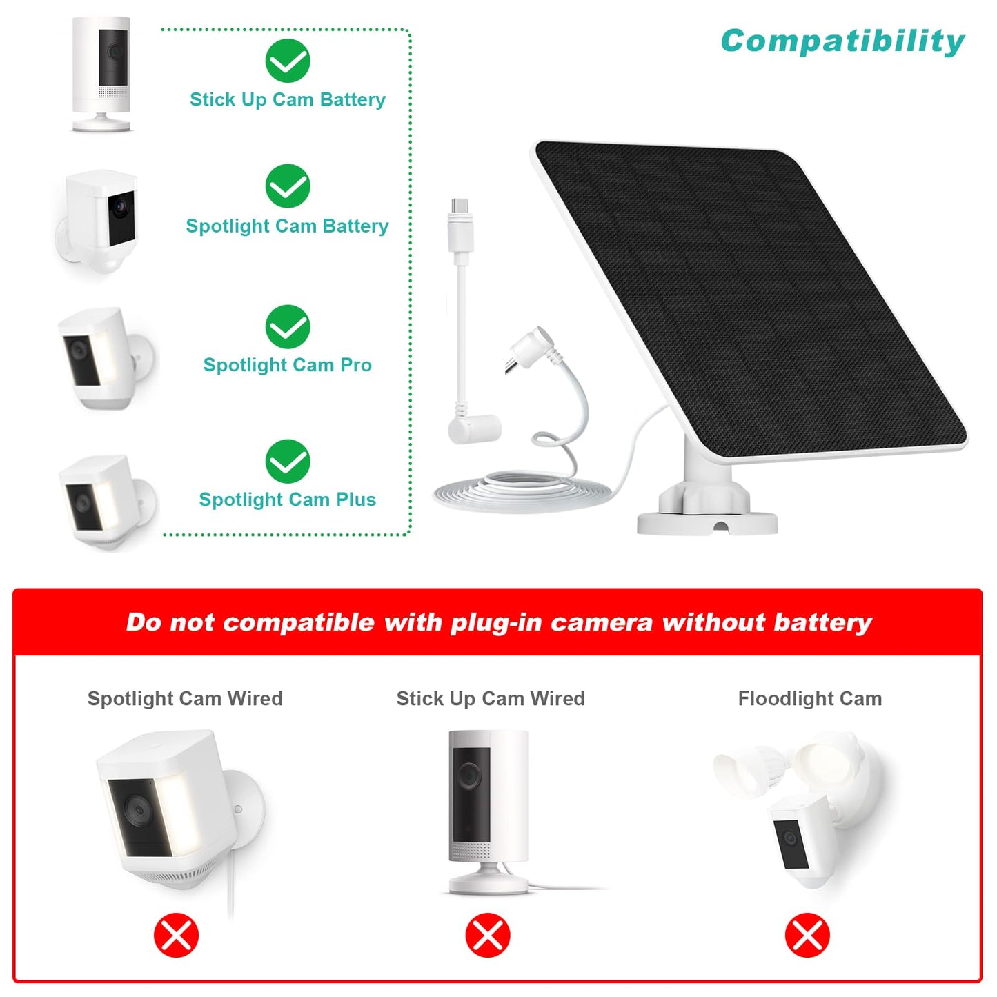 5W solar panel for Ring camera, solar charger compatible with Ring Stick Up Cam/Pro battery, Spotlight Cam Plus/Pro battery. Camera solar panel includes barrel plug to USB-C adapter, pack of 2.