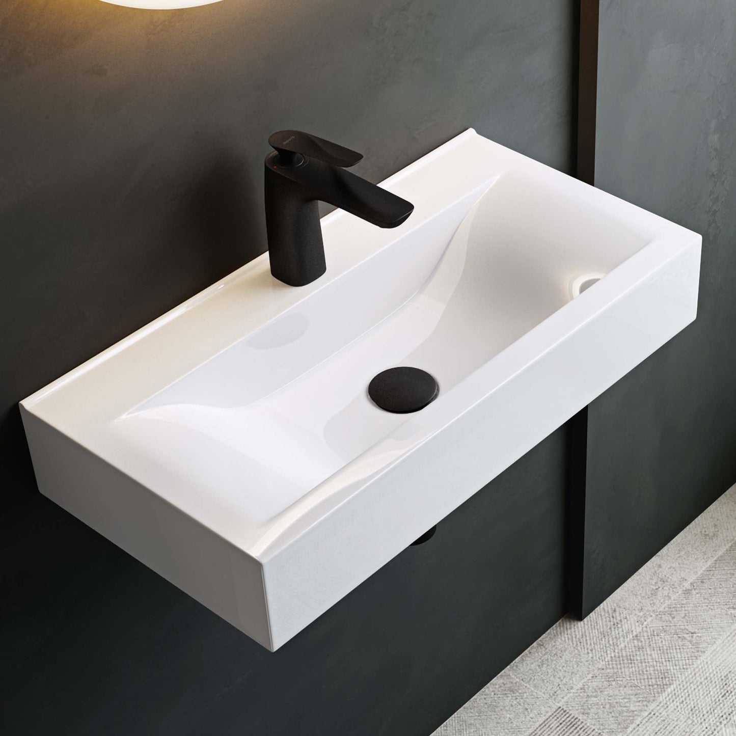 May & May Ceramic White Wall-Mounted washbasin sink with nano-coating/lotus effect. Rectangular dimensions: 61x31x10cm, weight: 118g.