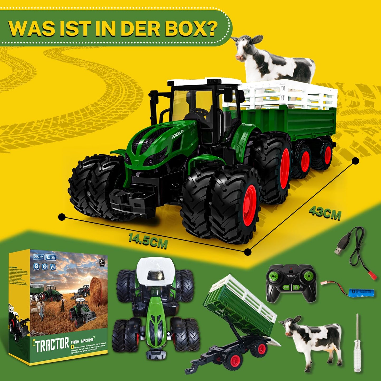RC Remote Control Tractor with Trailer, lights and cow. Suitable for children 3 years and older. Great Christmas gift for kids.