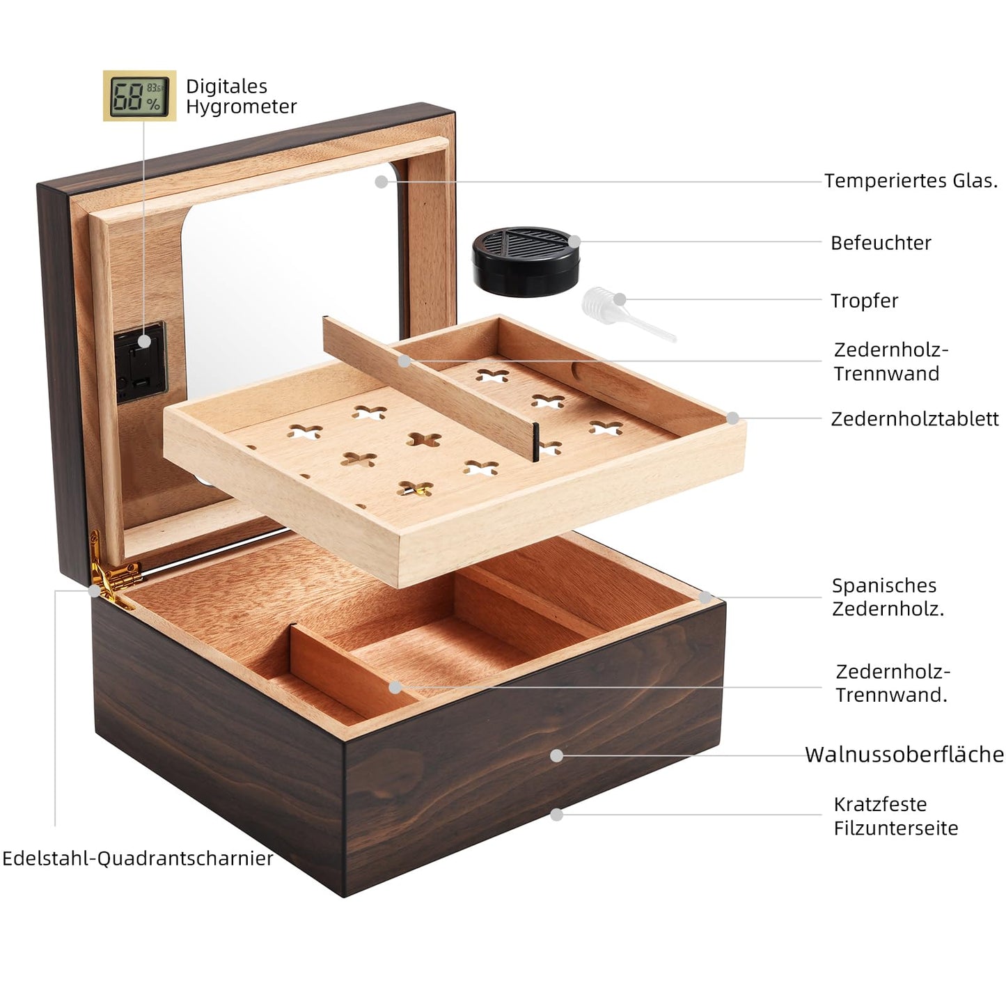 LEACHOI Handcrafted Cigar Humidor, Cigar Humidor Cabinet, Humidor Cigar Moisturizer and Cedar Core, Dividers & Digital Hygrometer, Men's Gifts Cigar Accessories