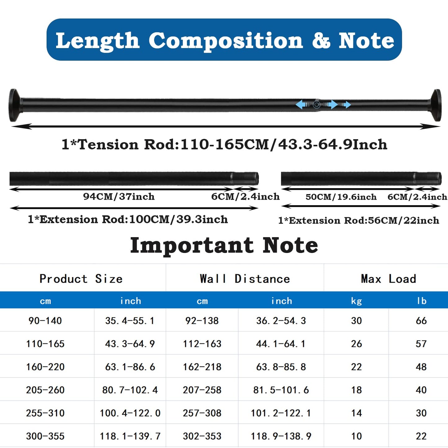 Aiitomg curtain rod 300 cm long shower rod without drilling adjustable telescopic rod curtain shower curtain rod for bathroom, bedroom white (255-310CM Φ32mm)