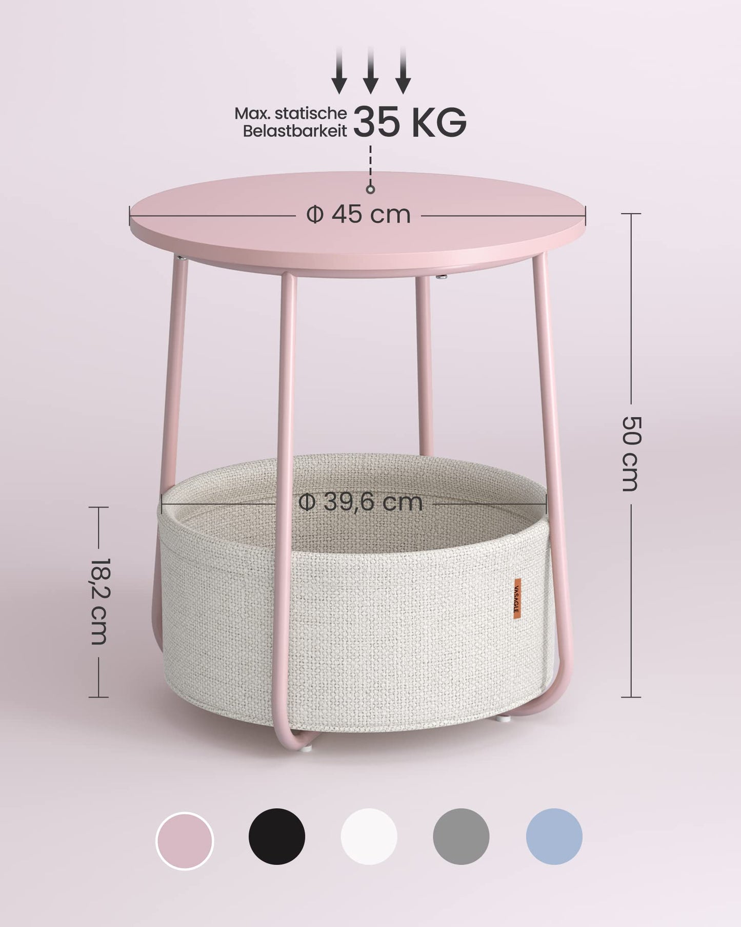 VASAGLE Round Side Table, Small End Table, Small Coffee Table, Living Room Table, Fabric Basket, Storage for Living Room Bedroom, Modern Nightstand, Pastel Pink-Cream White LET223R61