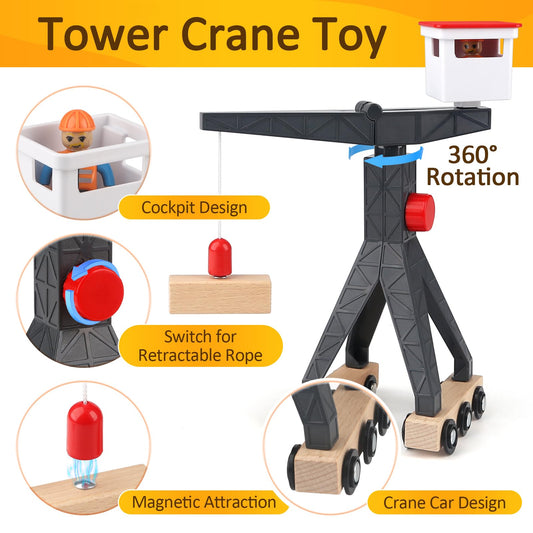 Vanplay construction vehicles kids crane toy wooden construction site toy for 3 years old boy with tower crane excavator crane truck dump truck road roller gift 3 4 5 years old boy