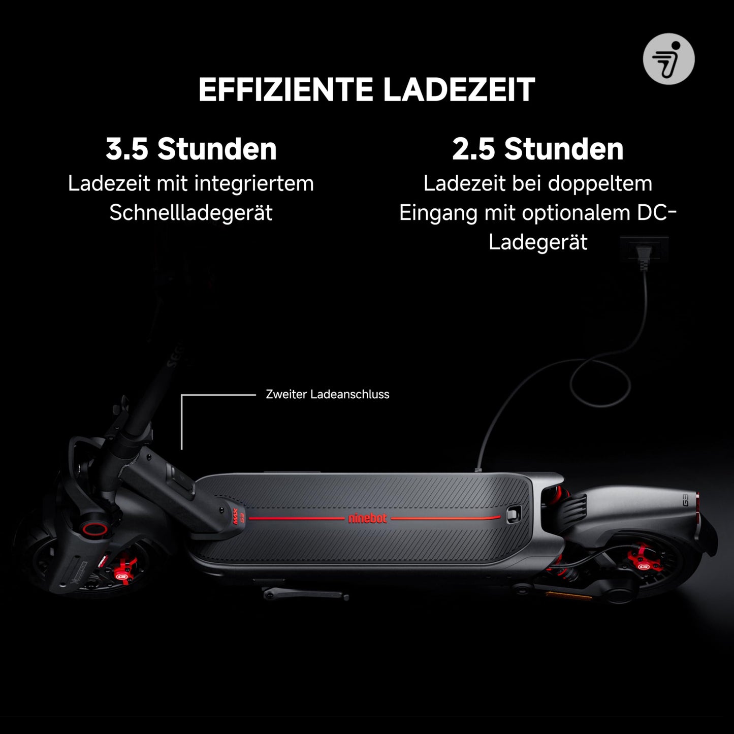 Segway-Ninebot MAX G3 D, E-scooter with street legal, 80km range in Eco mode, 75km at 20km/h, 3.5h charging time, 130kg max weight capacity, dual hydraulic suspension, smart display.