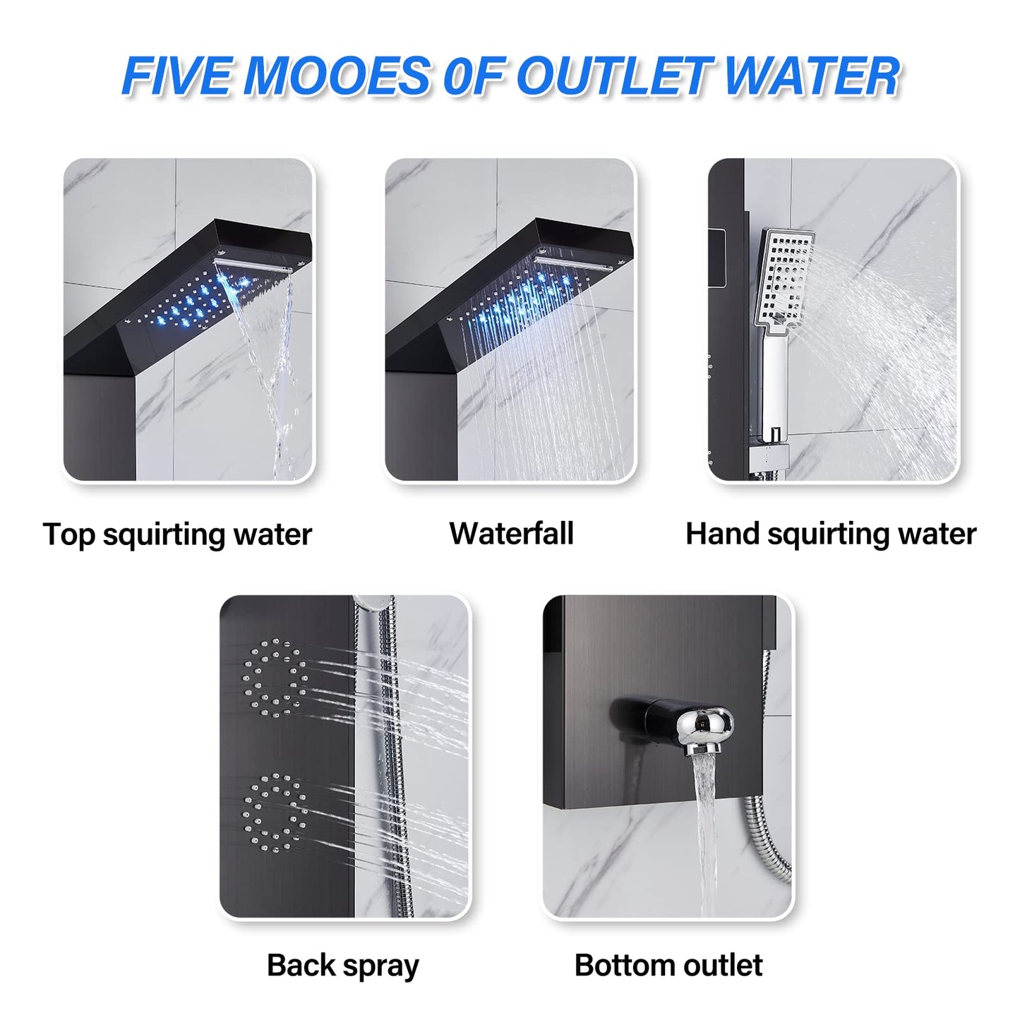 Black LED Multifunction Shower Panel with Stainless Steel Corner Mount Rain Shower Column Bathtub Faucet Shower System Shower Set No Battery Shower Fixture Set Hevenaov