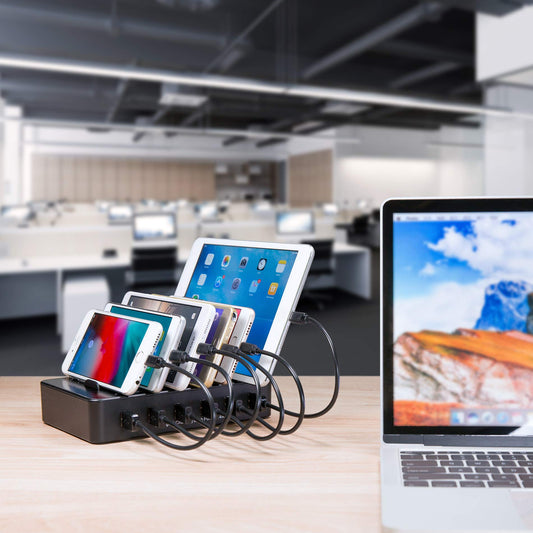 TechDot Mobile USB Charging Station Charging Station Multiple Devices 6 Port USB Multi Charging Station for Mobile Phones Smartphones Tablets (with 3 Micro USB Cables and 3 USB C Cables, Black)