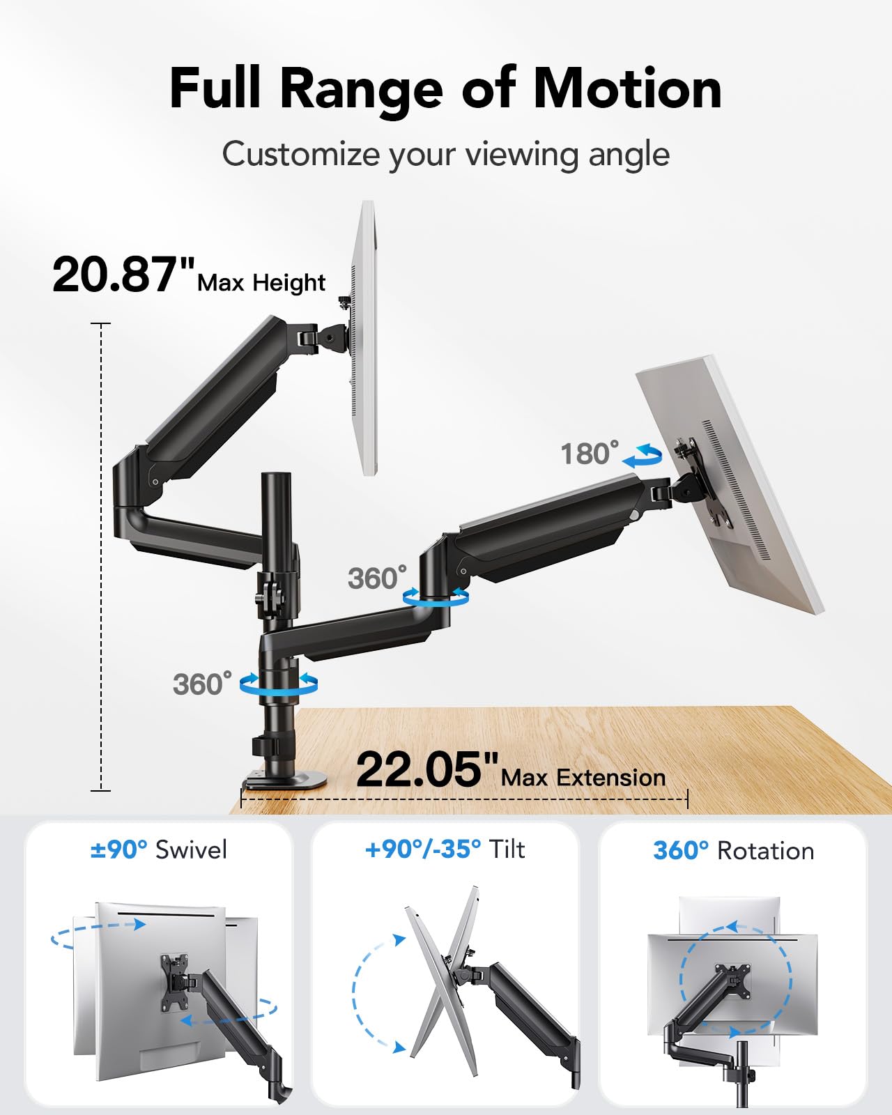 HUANUO Monitor Mount 2 Monitors 13-32 Inch, Height Adjustable Screen Mount with Long Arm, VESA 75/100mm, Increased Load Capacity 2-9 kg, 2 Mounting Options