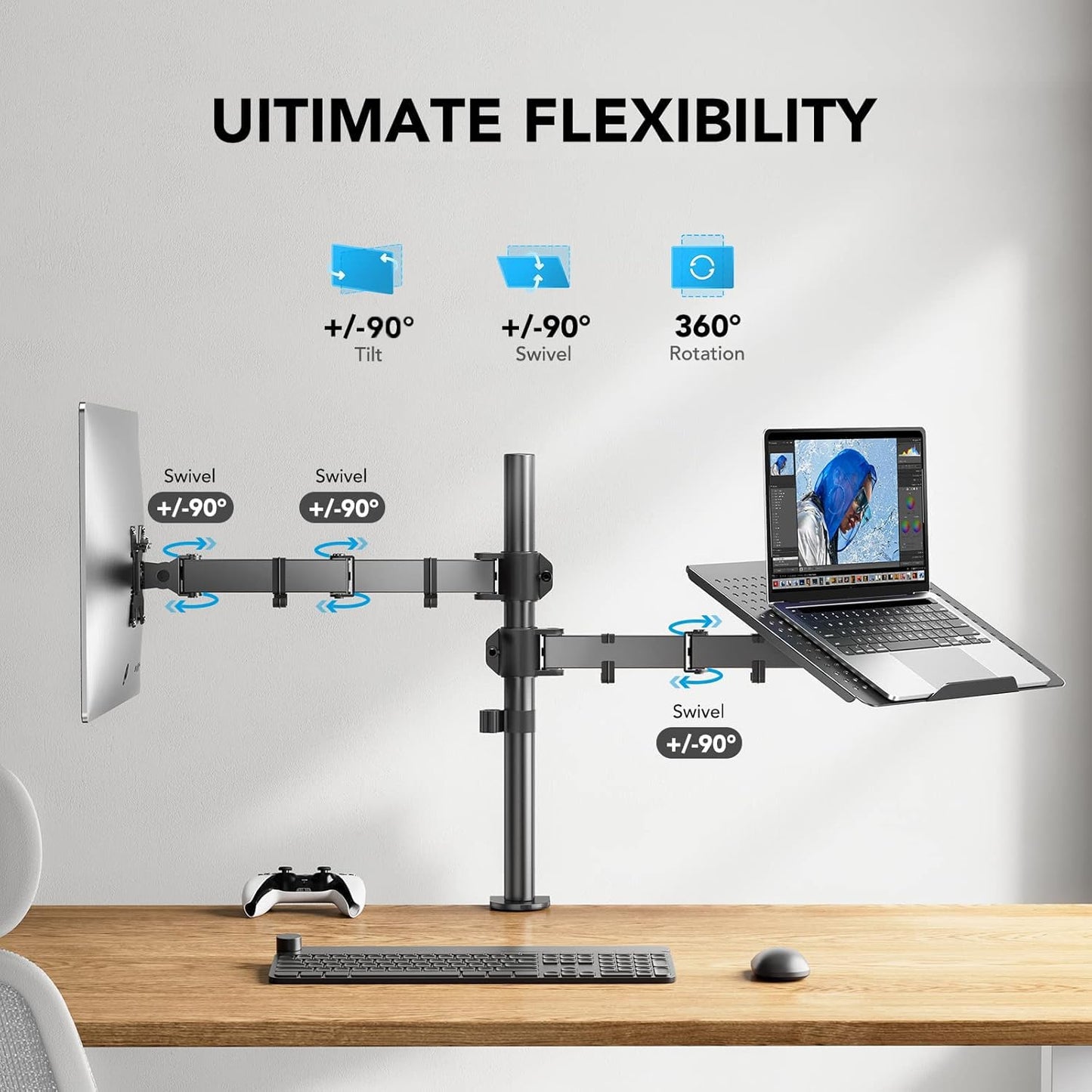HUANUO monitor mount with laptop arm, monitor laptop mount for 13-32 inch screen mount 1 monitor & 17 inch notebook, VESA 75/100.