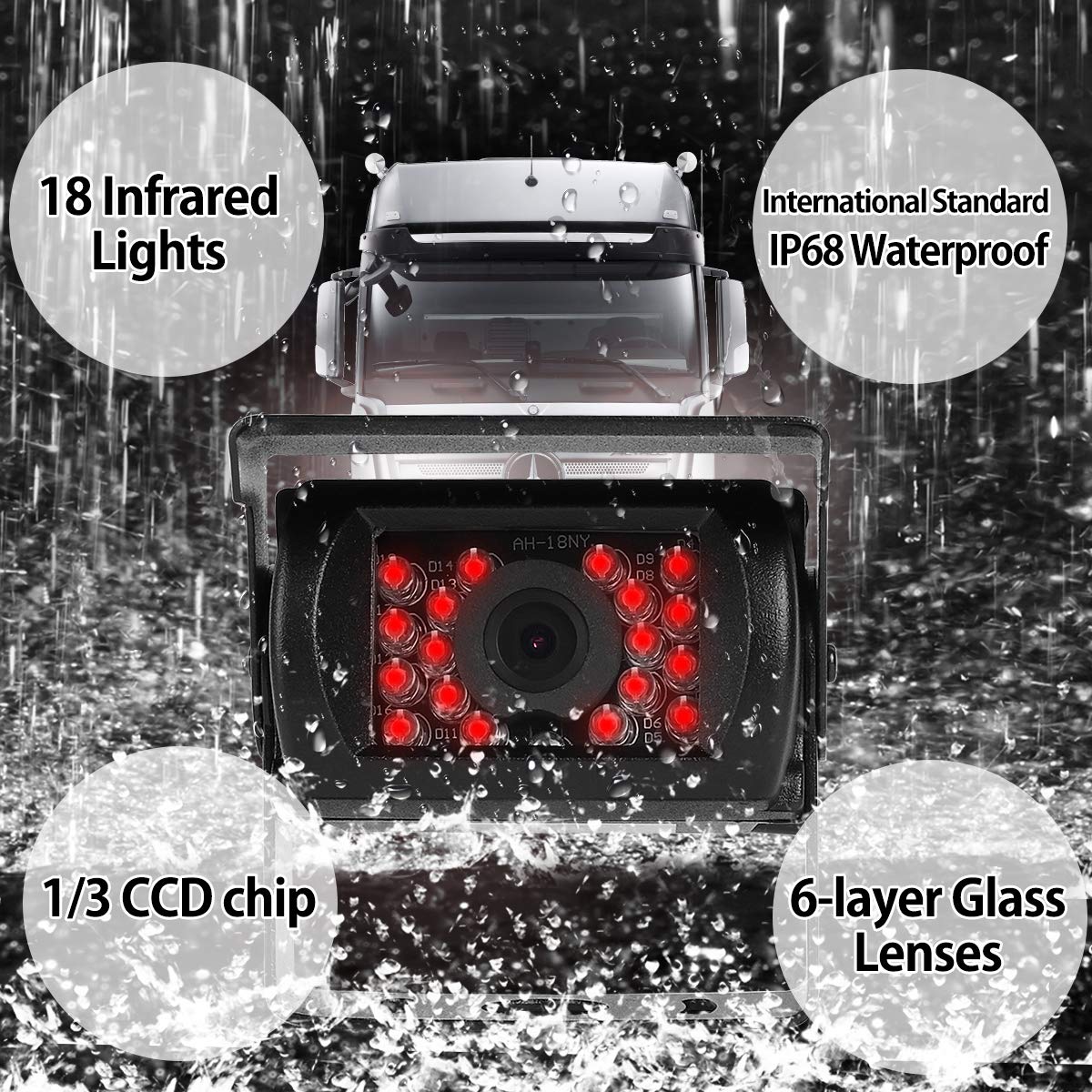 Dual rearview camera set with 7" TFT LCD vehicle monitor & two 170° wide angle rearview cameras, IP68 waterproof, 18IR night vision, for trucks/trailers/buses/vans/agriculture (12-24 Volt)