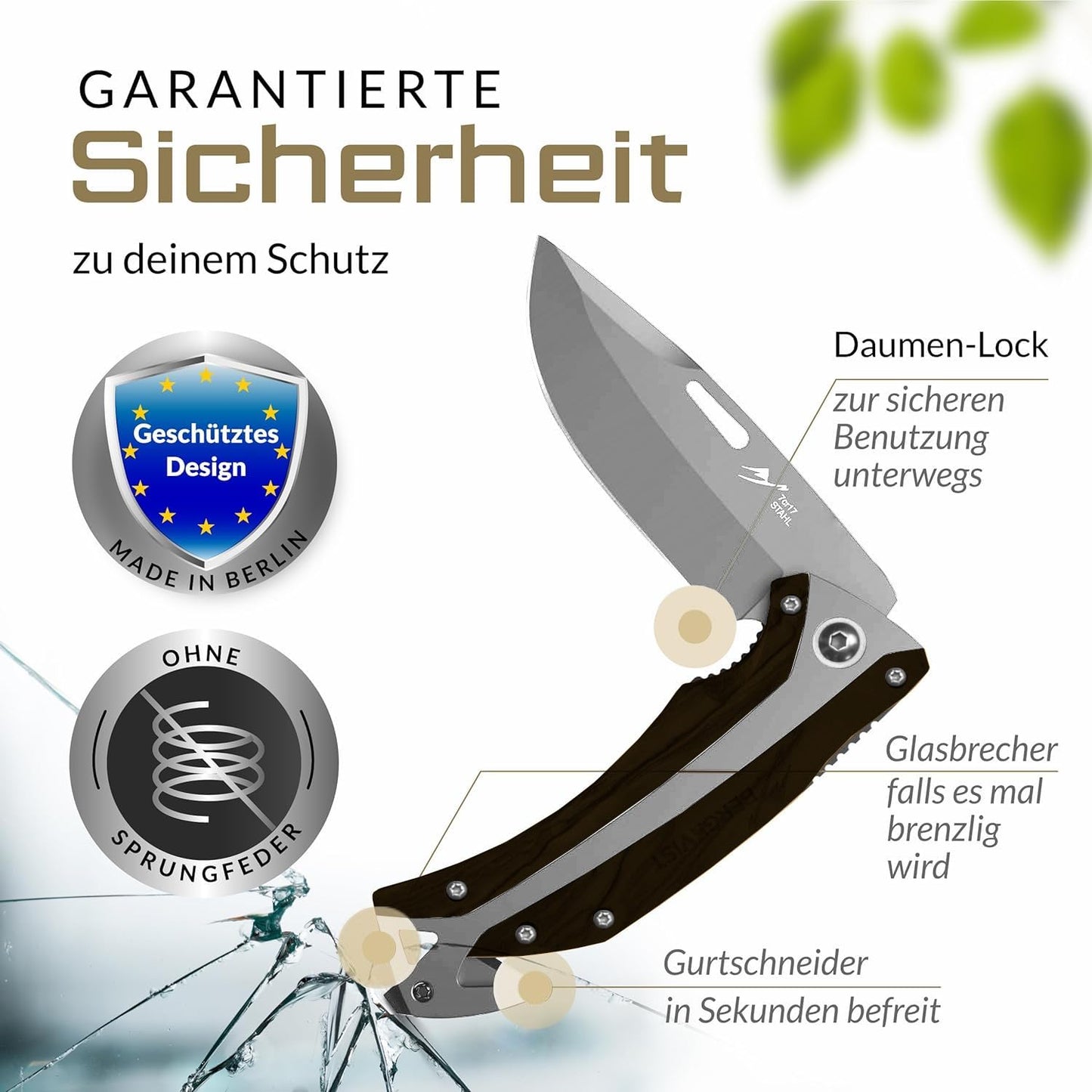 BERGKVIST® K30 Folding Knife (Two-Hand Knife) - Carry allowed in Germany - 3-in-1 pocket knife for outdoor, camping & survival with firesteel & belt pouch - Handle made of ebony