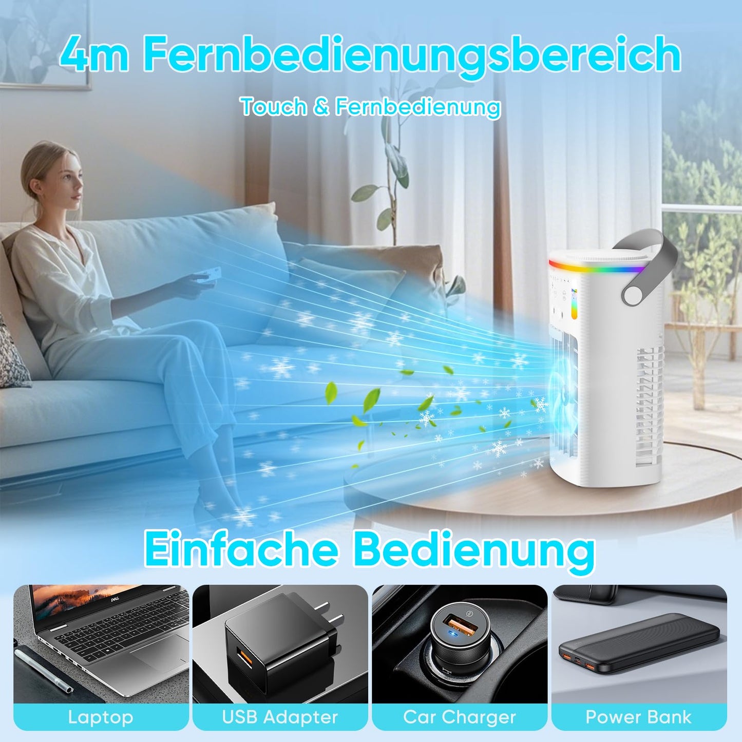 Mobile air conditioner, mini air conditioner for rooms, 4 in 1 air cooler with water cooling 1000ML air conditioning unit without exhaust hose, portable air conditioner with 3 modes & colorful light room cooler for rooms office