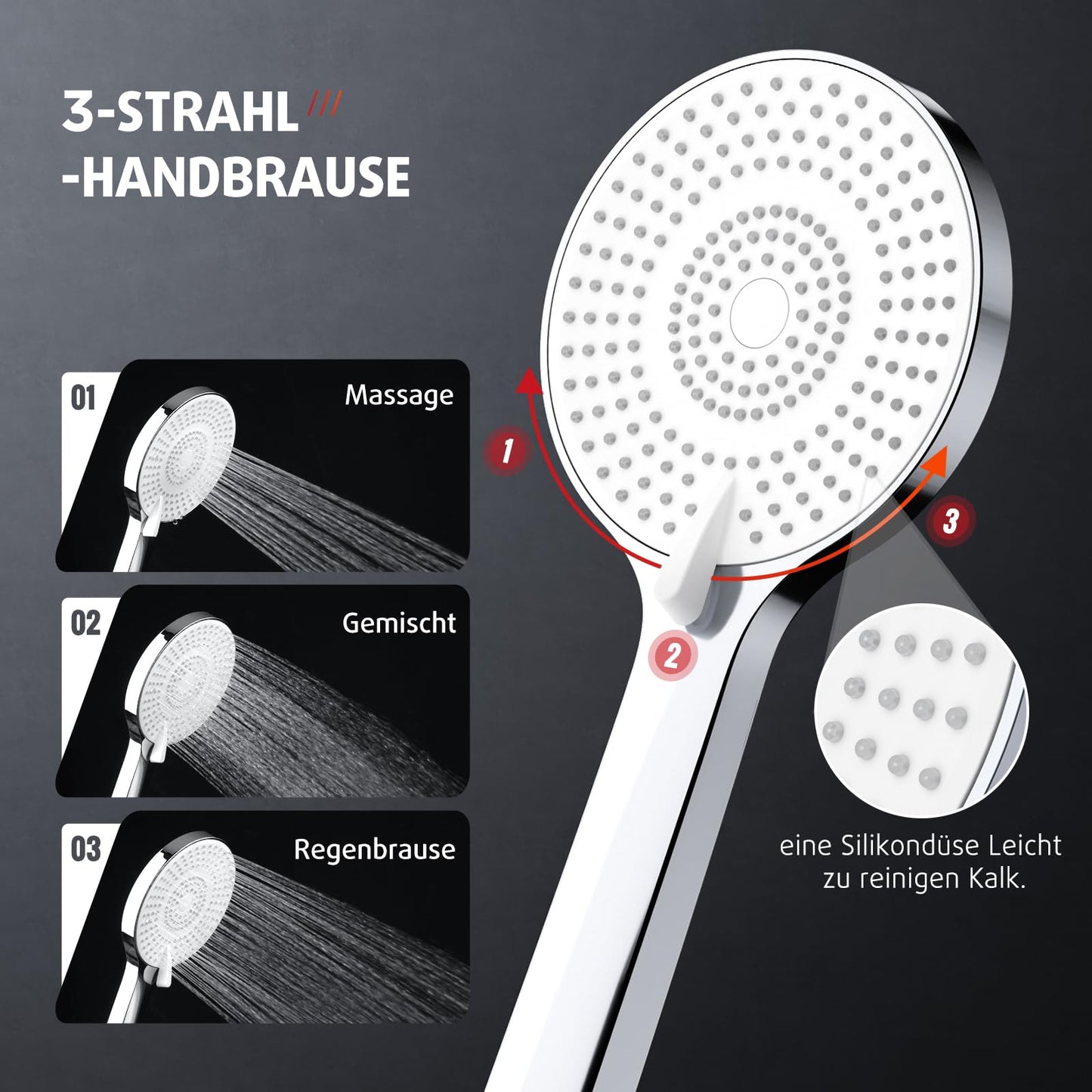 Rainsworth rain shower without fittings Chrome, 25 cm round rain shower and 3 spray modes shower head, shower system, shower column shower set for shower