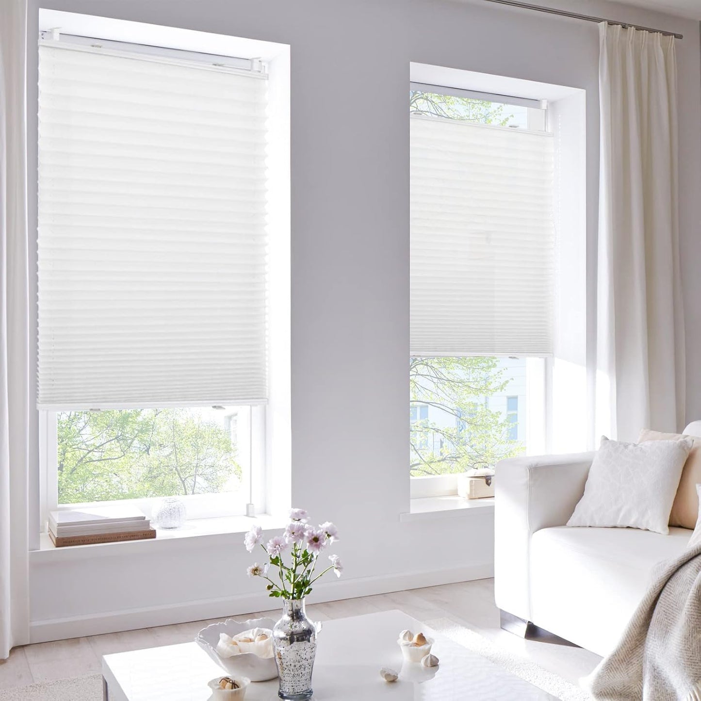 Deswell pleated blind without drilling clamp fix white W85 x H120 cm Pleated blind sun protection and privacy blinds Easyfix pleats translucent blind for windows & doors