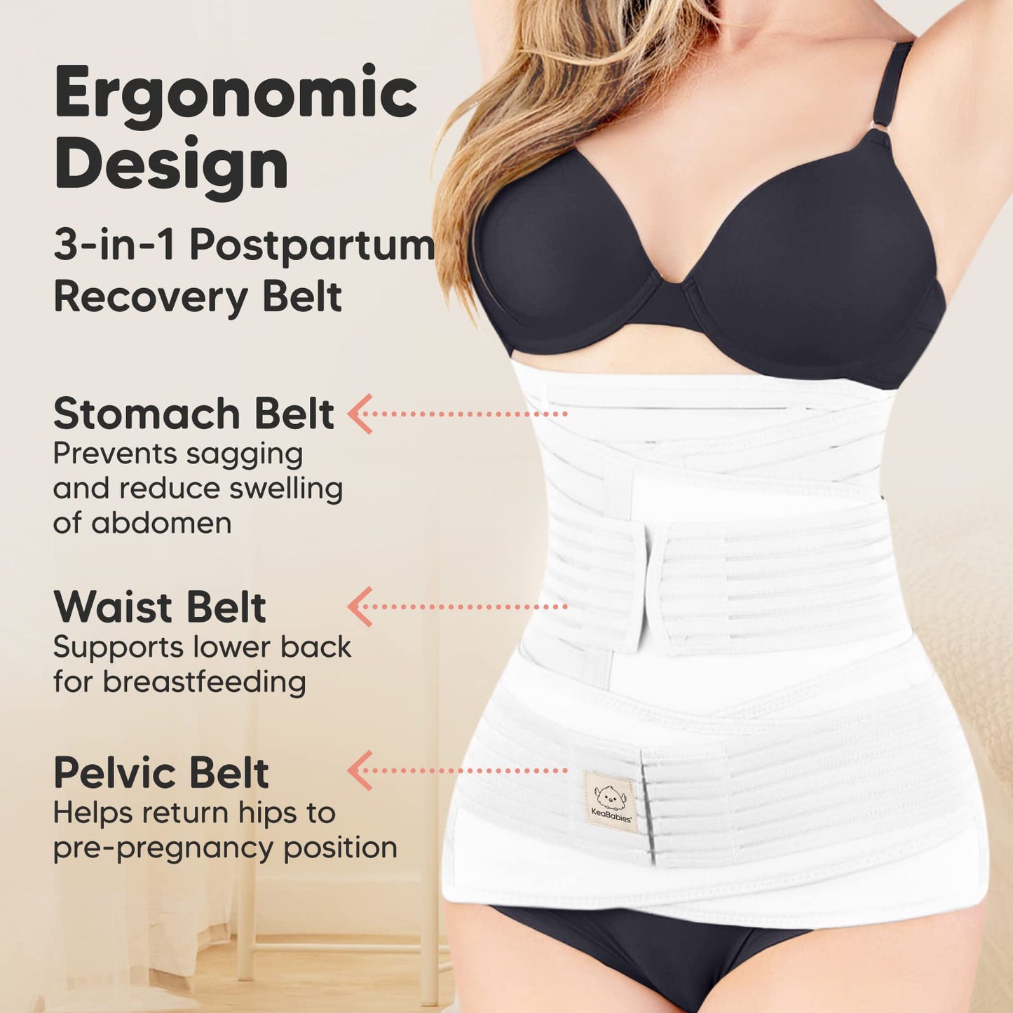 KeaBabies Revive 3 in 1 Postpartum Belt for Women - Belly Wrap After Birth C-Section, Postpartum Recovery Belt, Postpartum Belly Band, Pregnancy Belly Belt (Matte White, M/L)