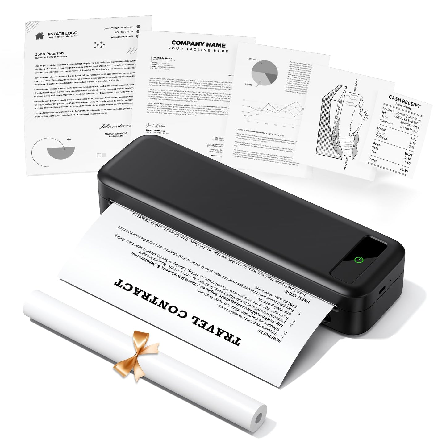 TATTMUSE Thermal Printer A4, 300DPI Bluetooth Mobile Printer, Receipt Printer, Learning, Portable Printer Compatible with Phone, Laptop, Monochrome Travel Printer Thermal Paper Only, Black