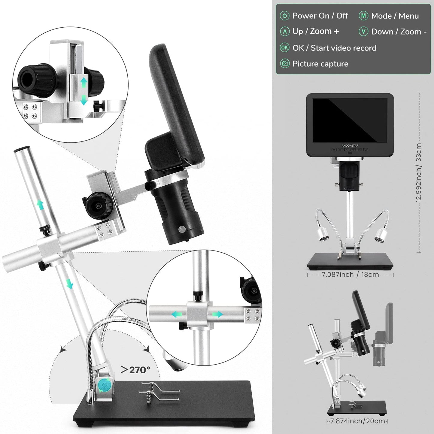 Andonstar AD246-M Digital Microscope, with 3 lenses, 1080P FHD video recording, 7-inch LCD 500x, soldering microscope, biological microscope kit with 32G card, prepared slides.