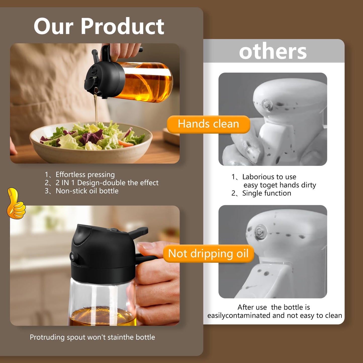 SWEET VIEW 2 in 1 Oil Sprayer for Cooking, 470ml Glass Oil Bottle/Olive Oil Spray Bottle for Salad, Grilling, and Air Fryer (Black, Black)