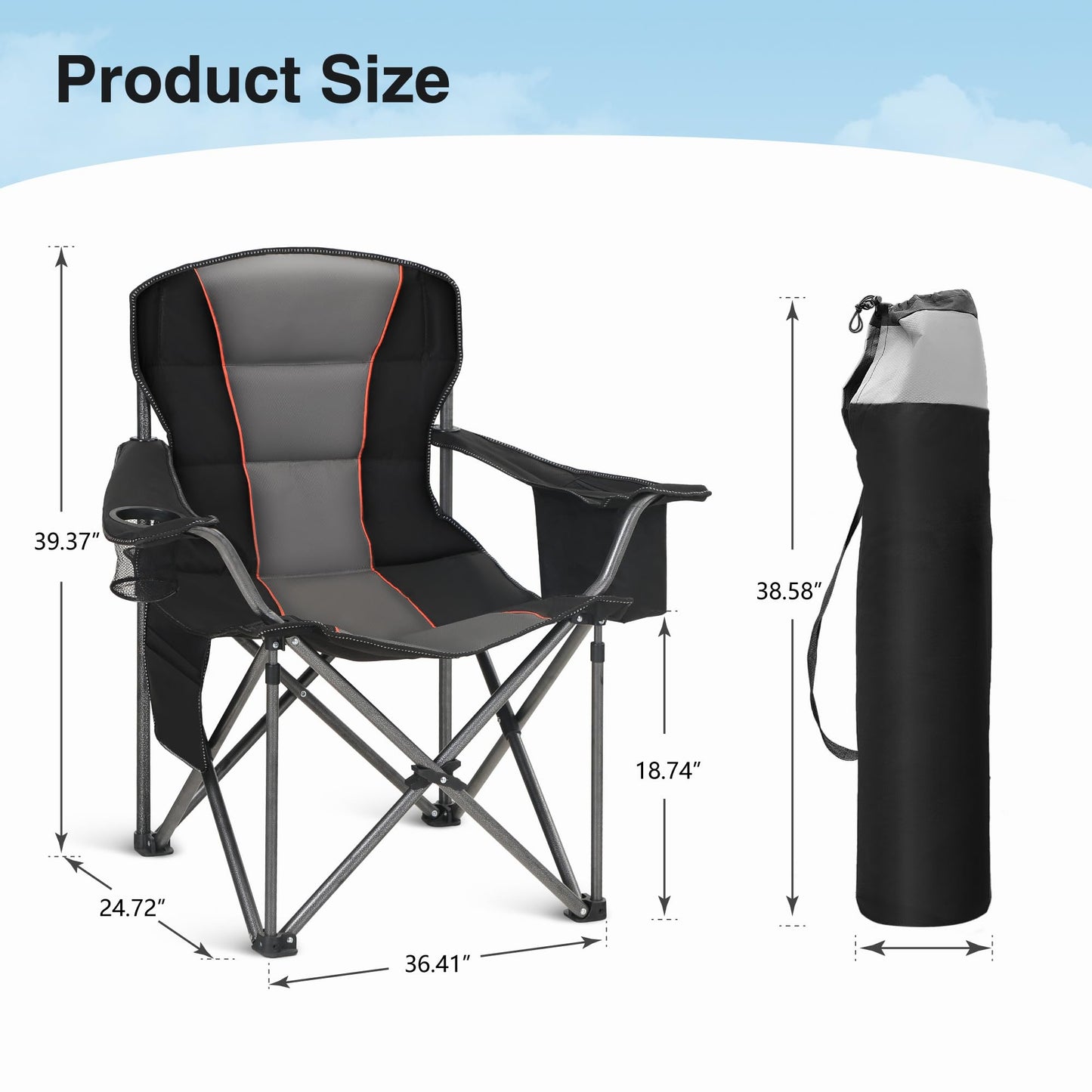 HIGH POINT SPORTS Folding Camping Chair 2-Pack 440lbs Foldable Padded Chair with Cup Holders XXL Folding Fishing Chair with Armrests Outdoor Chair Black
