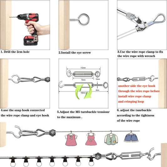 50m steel cable 2mm, 304 stainless steel cable 2mm, wire rope 2mm, M2 wire rope clamp with M5 wire rope tensioner for stainless steel cable system, stainless steel tensioning cable for outdoor use.