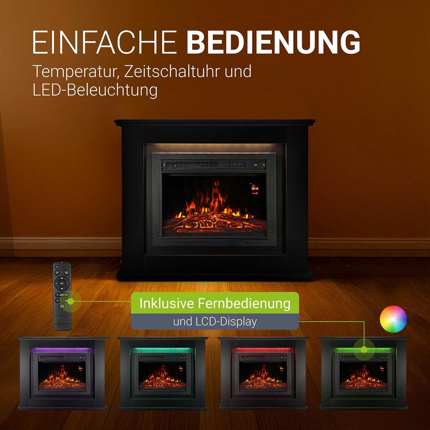 Juskys Electric Fireplace 1000/2000 W with heating, fireplace, flame effect, remote control, LED lighting & timer - Electric Fireplace Stand Fireplace black