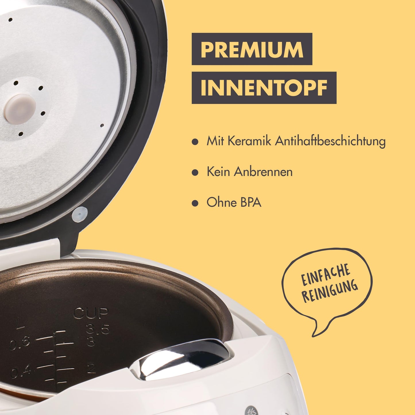 REISHUNGER Digital Rice Cooker small, gray | 0.6 L up to 3 people | Keep warm function, timer & premium pot | Small multicooker & steamer, 8 programs, 7-phase technology.