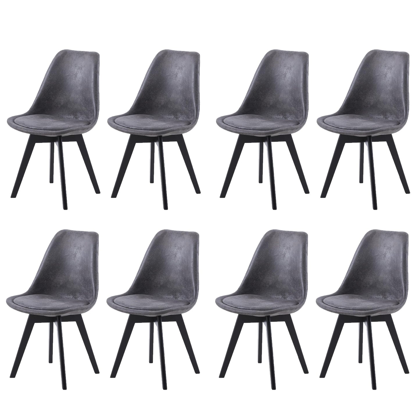 EGGREE 8 Pcs Dining Chairs Scandinavian Design SGS Certified, Suede Upholstered Backrest, Kitchen Dining Chairs with Black Solid Beech Wood Leg, Dark Gray