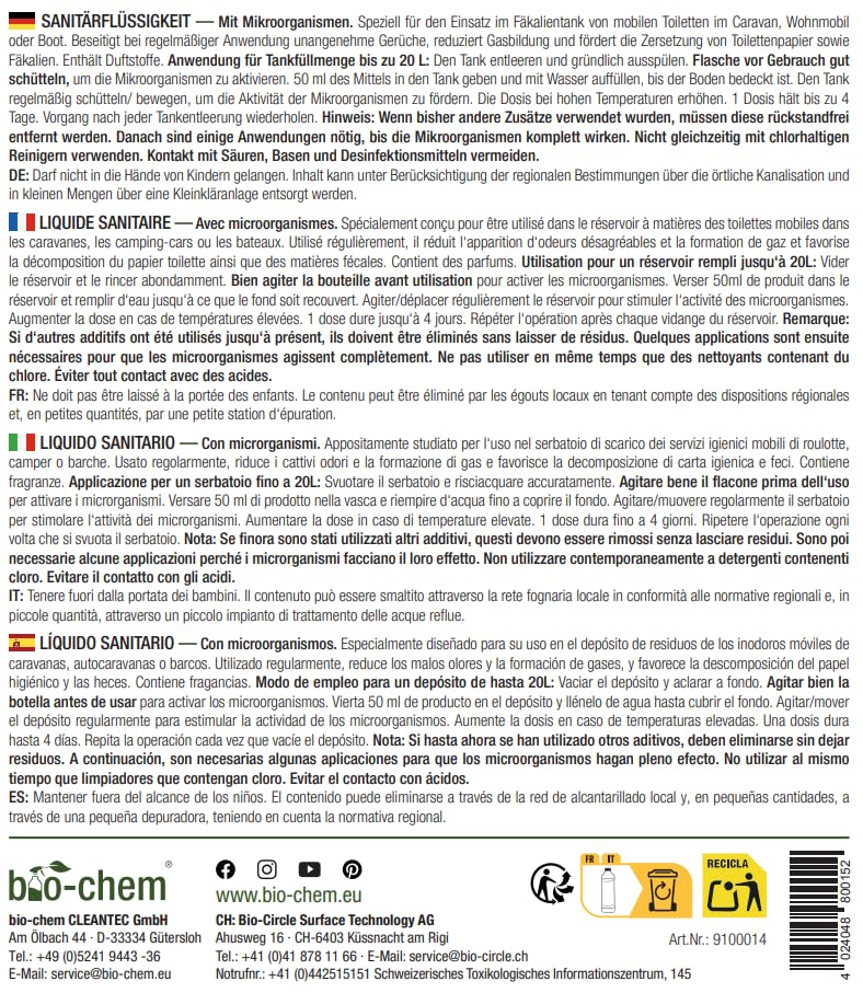 Bio-chem sanitary fluid for camping toilet - 5 L incl. dosing beaker - Highly concentrated microbiological toilet additive - Acts against faeces, paper & odours in the waste tank - Made in DE