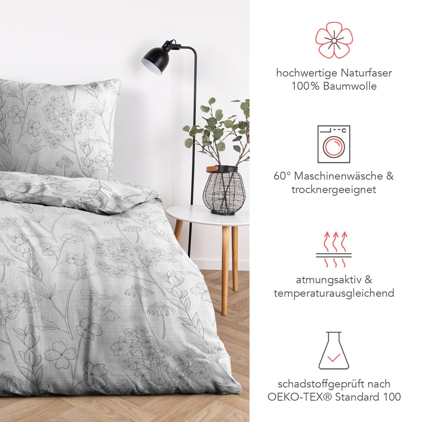Pure label floral bedding 155x220 cm with one pillowcase 80x80 cm - Dreamily soft bedding set in grey made of 100% cotton with YKK zipper.