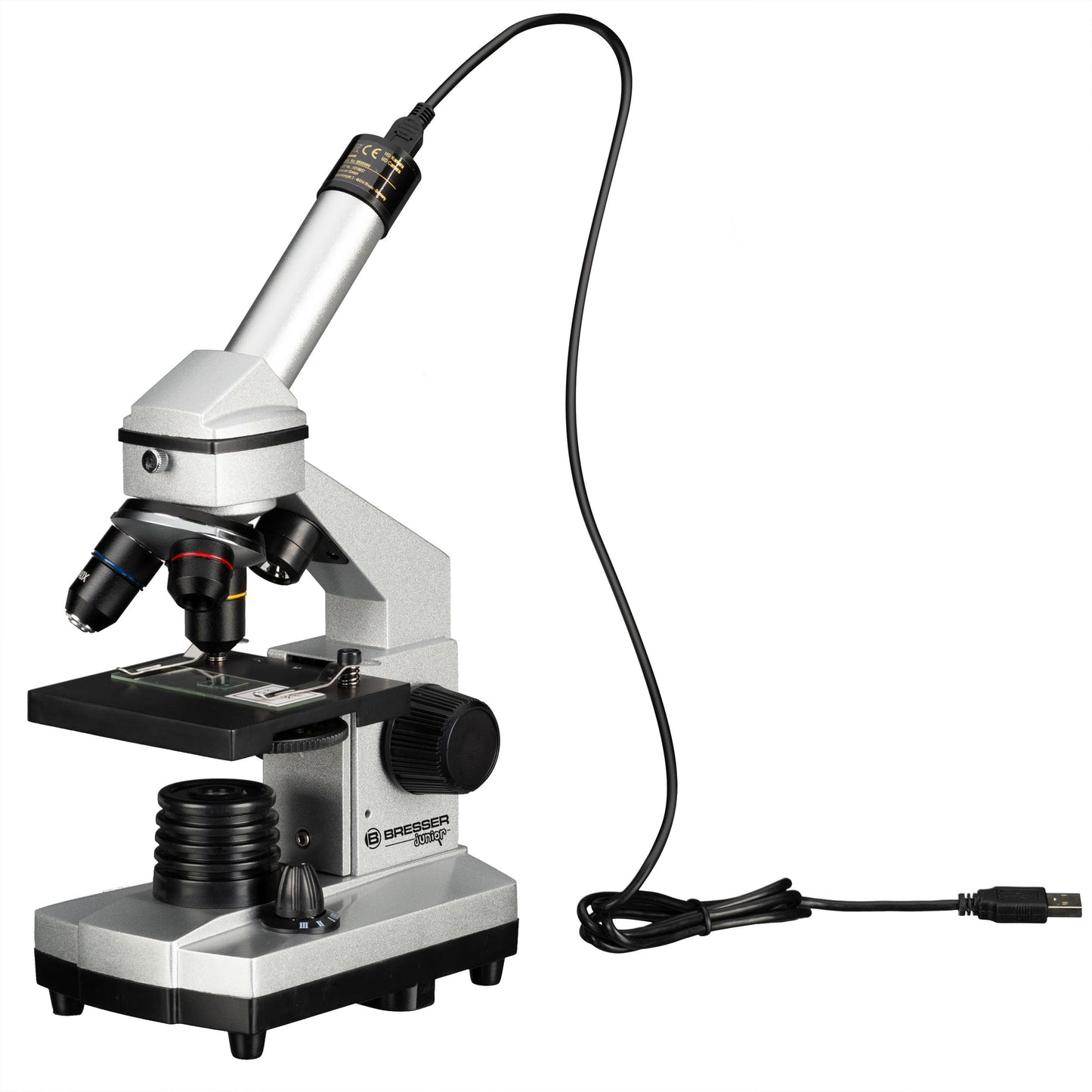 Bresser Junior Microscope Set 40x-1024x with USB camera and bright LED illumination for transmitted light observations, includes comprehensive accessory package and sturdy hard-shell case.