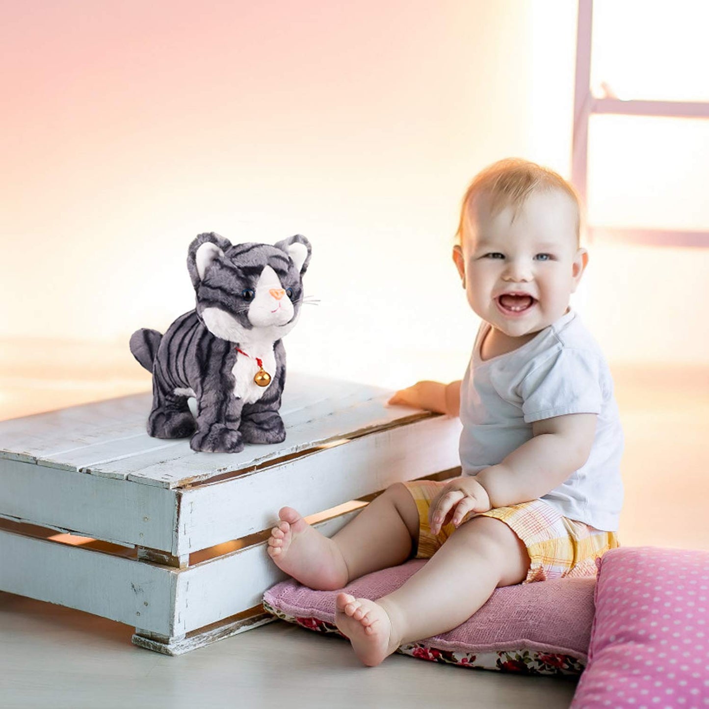 Marsjoy Interactive Plush Cat, plush toy, gray robot, with touch control, electronic cat pet, robot cat toy, animated toy for girls, kids, L: 30.5 cm.