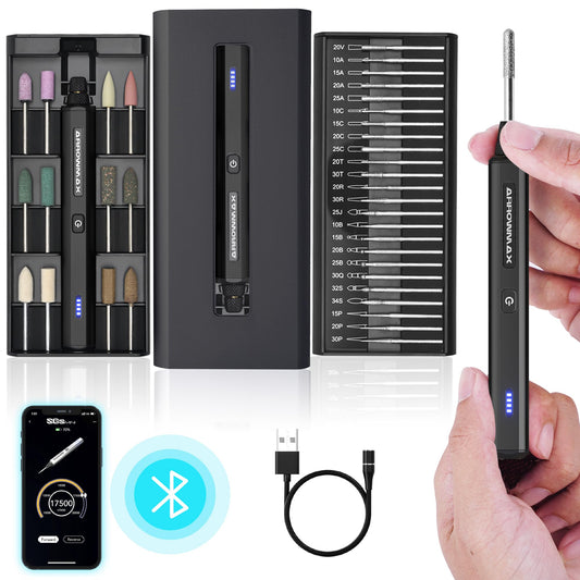 ARROWMAX wireless, rechargeable electric engraving pen with 36 bits, aluminum housing, Bluetooth, APP, wireless magnetic charging, etching tool for DIY, engraving, (SGS MINI), Black