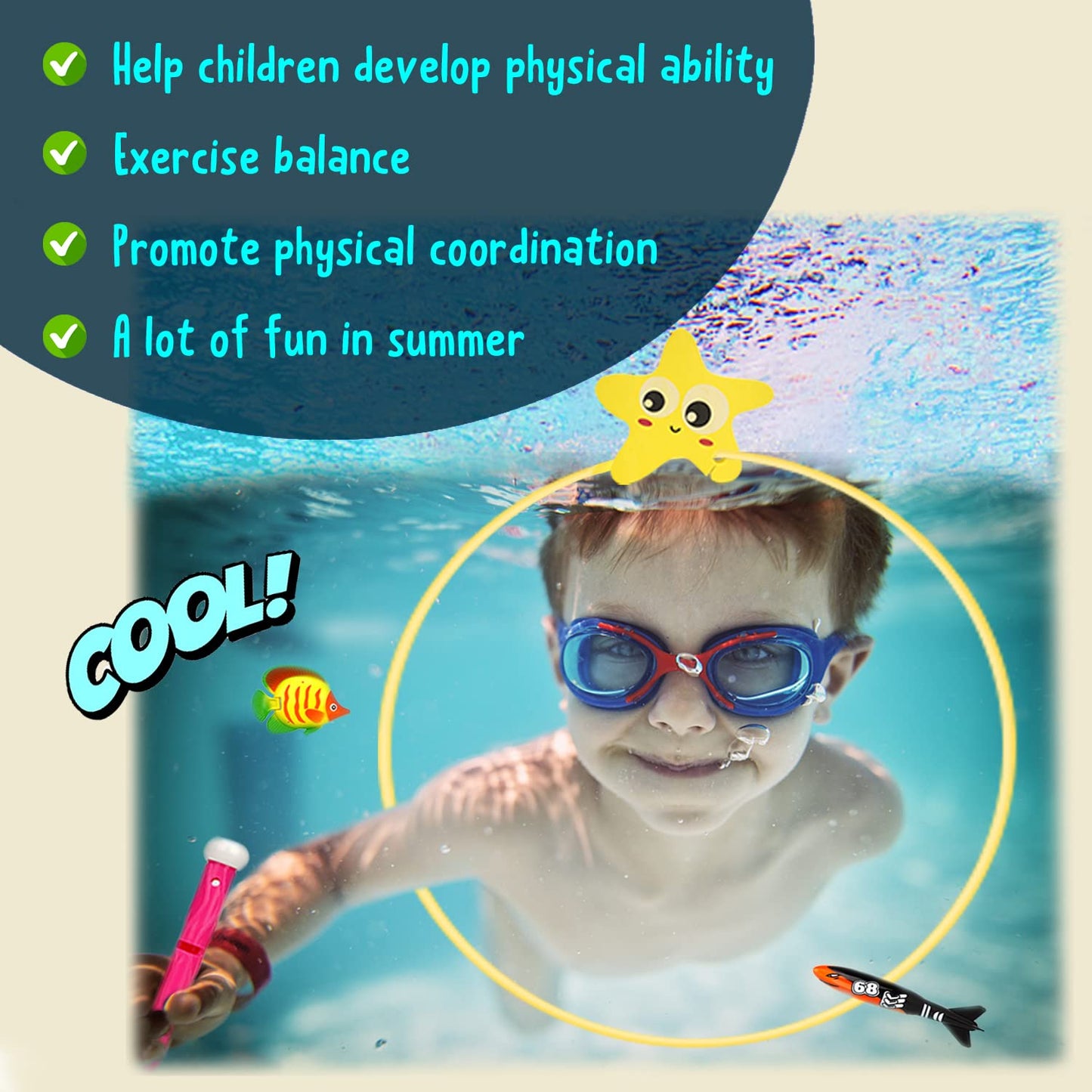 MutoToy® Dive Toy Set, 27PCS Kids' Water Toy Outdoor Dive Rings with Game Ball Dive Sticks Gemstones Pool Toy Swimming Toy for Diving Training Pool Party Swimming Pool.