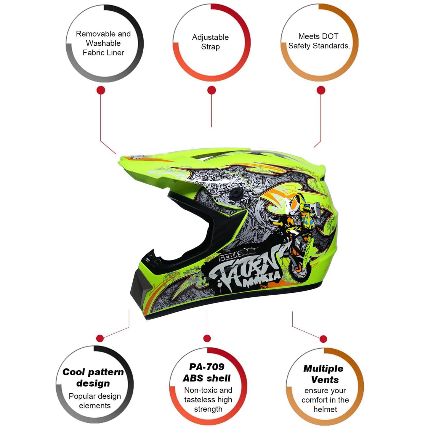 UIGJIOG downhill motorcycle helmet kids, helmet set men ATV motorcycle helmet D.O.T certified helmet with goggles gloves, full face helmet MTB includes 4 sizes of helmet liner.