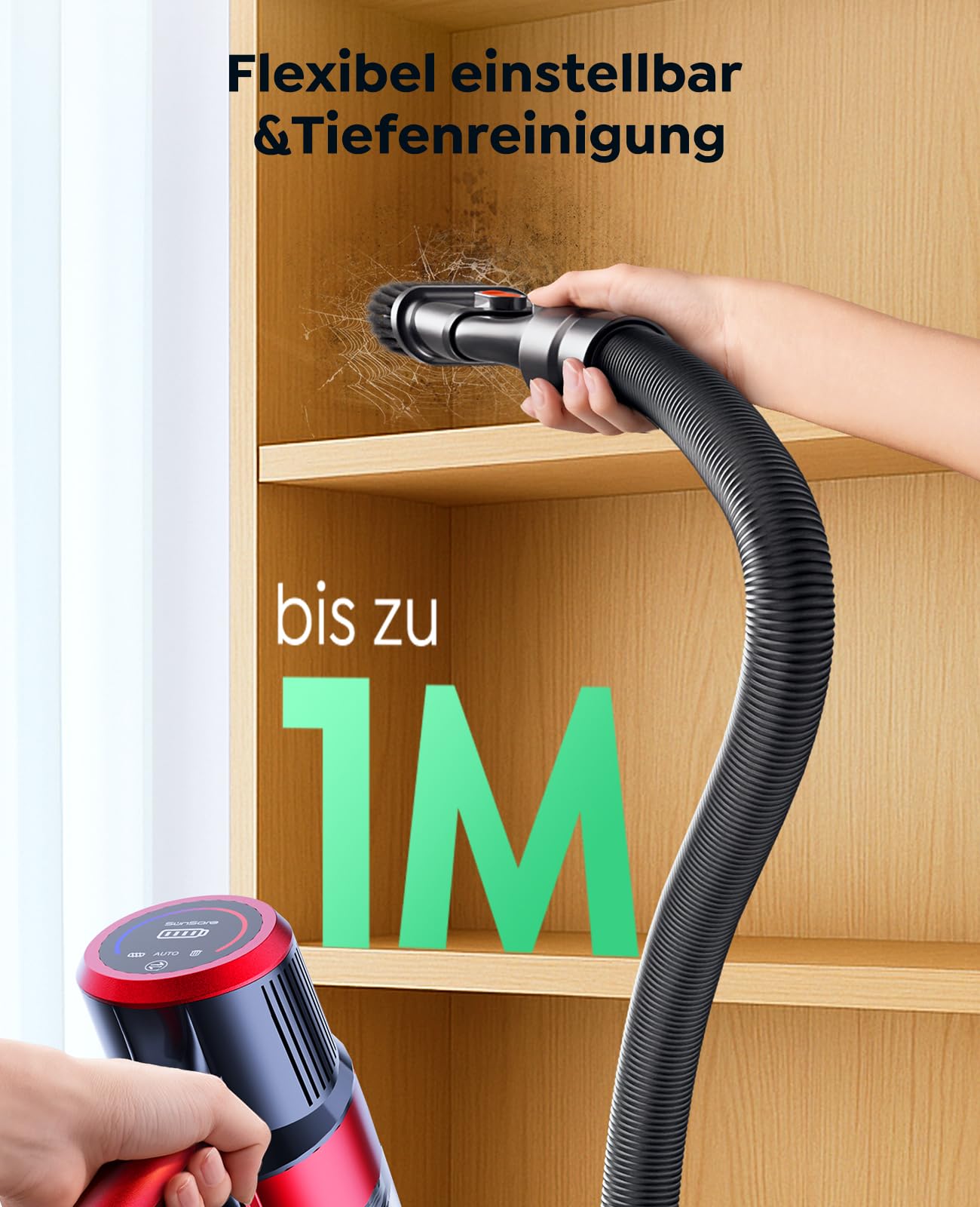 SunSare cordless vacuum cleaner 600W/50000Pa/65min, with wall-mounted charging station, automatic mode, touchscreen, 1m extendable hose for hard floors, carpets, pet hair.