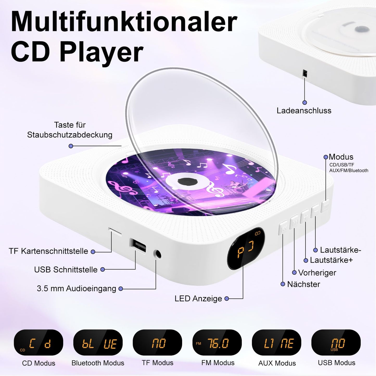 Canareen CD Player Bluetooth, Portable CD Player with Speaker, Front Display FM Radio CD Player Built-in, supports AUX/USB, Timer, Headphone Jack for Gift, Home, Kids, White