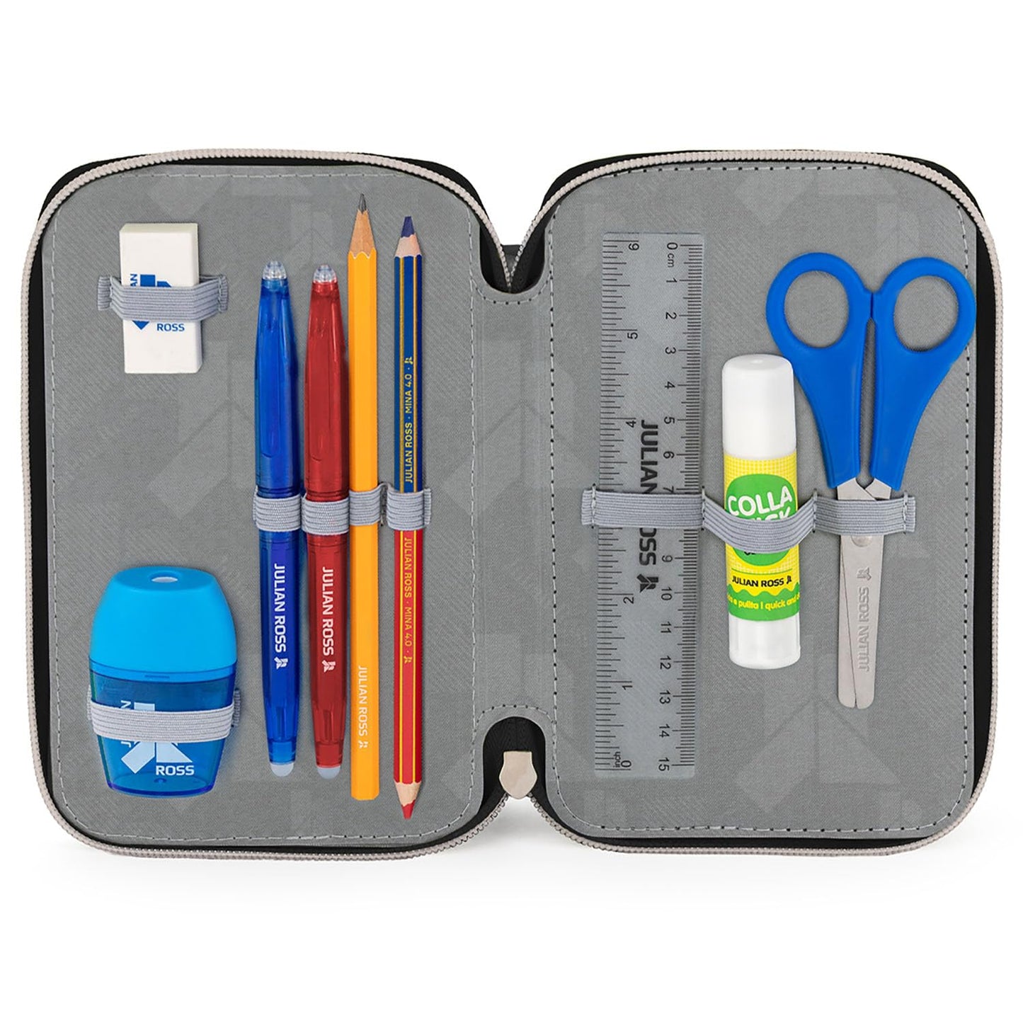 Girl 3-compartment pencil case - 45 pieces, fully filled - with 2 erasable gel pens, scissors, glue, colored pencils - ideal for school & as a gift - Julian Ross Hearts and Stars