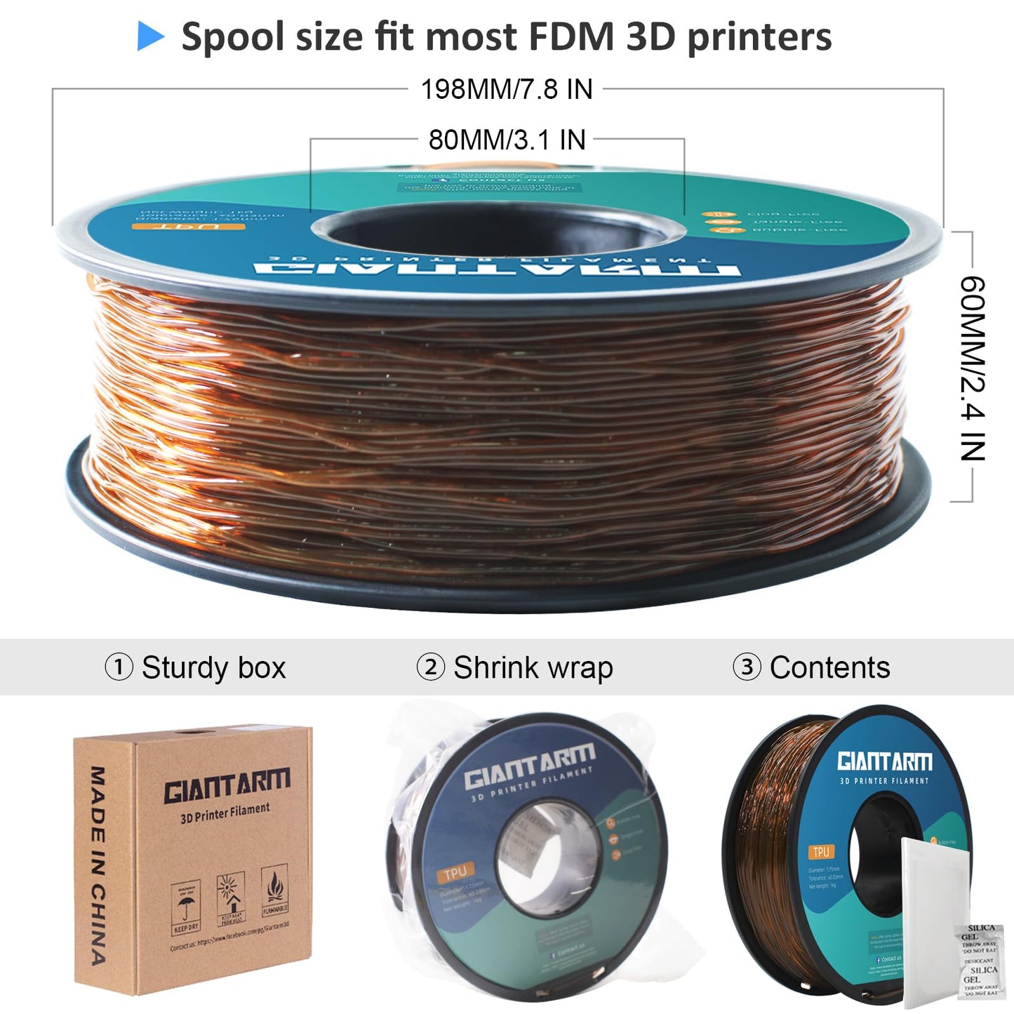 GIANTARM TPU filament 1.75mm for 3D printers 1kg, Transparent Brown