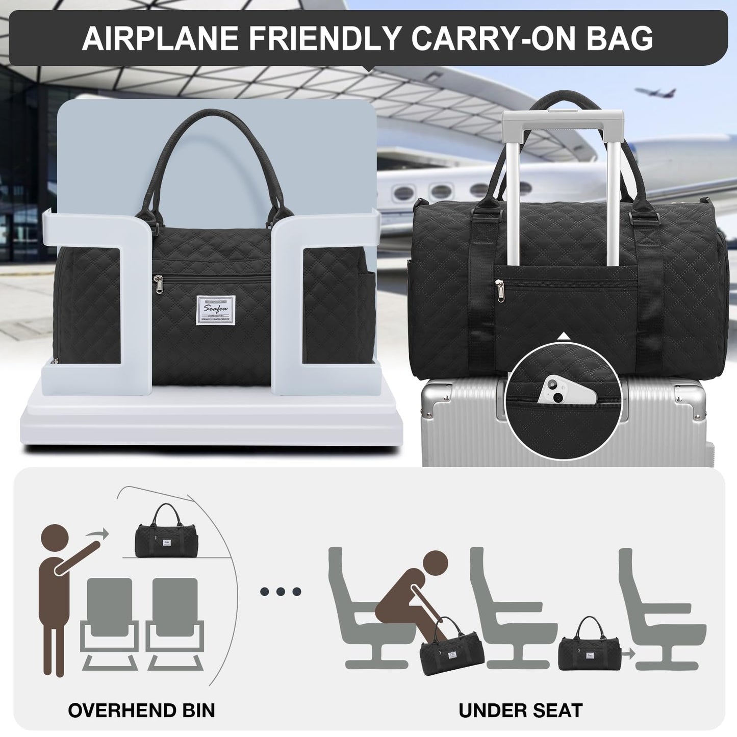 Women's travel bag, sports bag, carry-on bag, weekend bag with toiletry bag, wet pocket, and shoe compartment. Swim bag, travel duffle bag, waterproof sports duffel bag for women. Black.