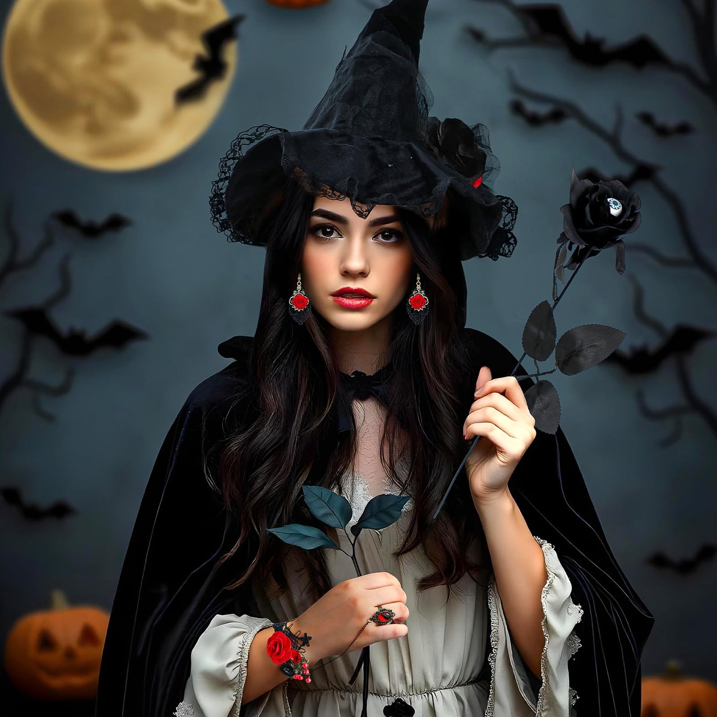 FHzytg Witch Costume Women Halloween, Halloween Costume Women with Black Cape, Lace Mask Necklace Gloves, Halloween Witch Hat, Vampire Sexy Creepy Witch Costume Cosplay Party