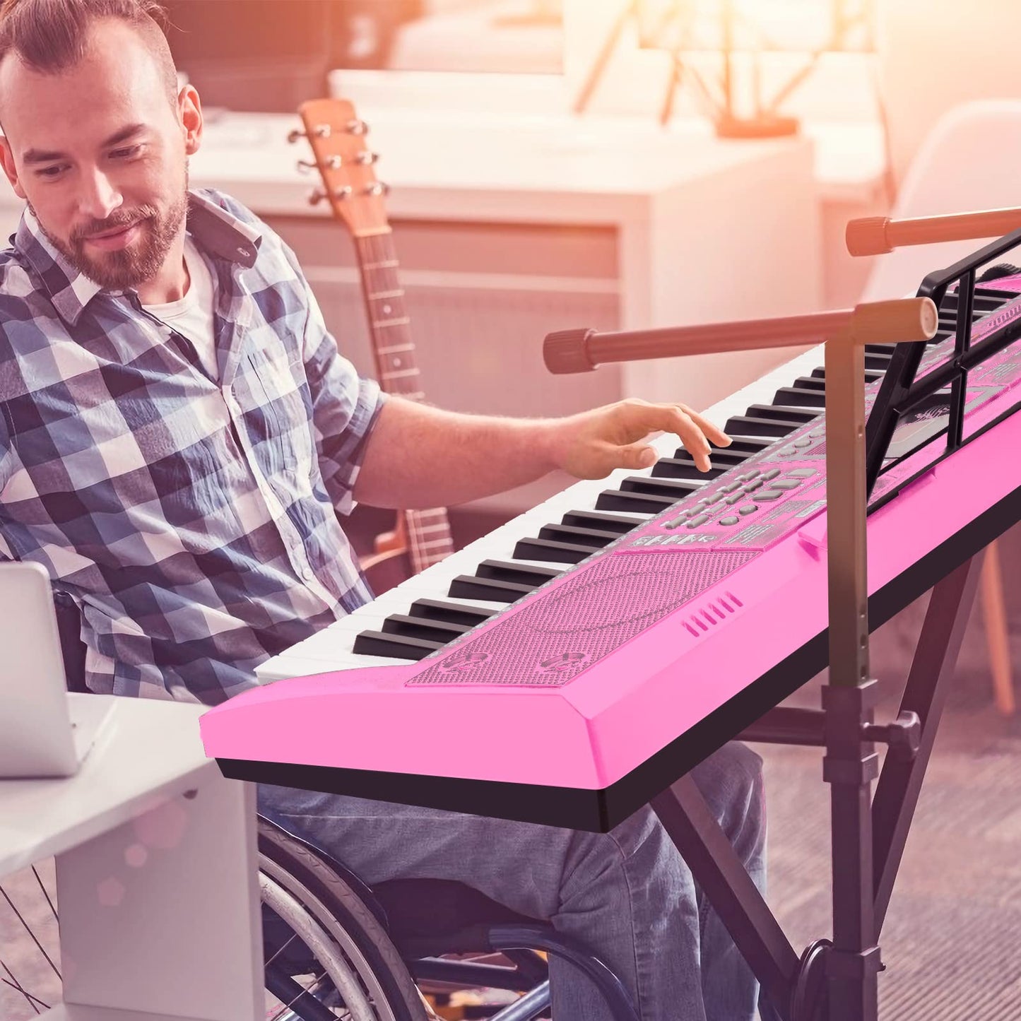 24HOCL Electric Pianos 61 Lighted Keys, Musical Digital Piano Keyboards 200 Rhythms LCD Screen for Kids Beginners Lighted Keys_2 Pink