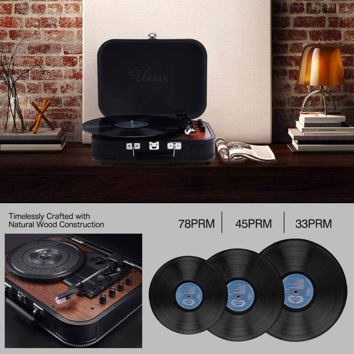 VOKSUN Turntable, portable Bluetooth vinyl record player with integrated stereo speakers, supports vinyl to MP3 recordings (UK, will need a plug adapter from UK to EU)