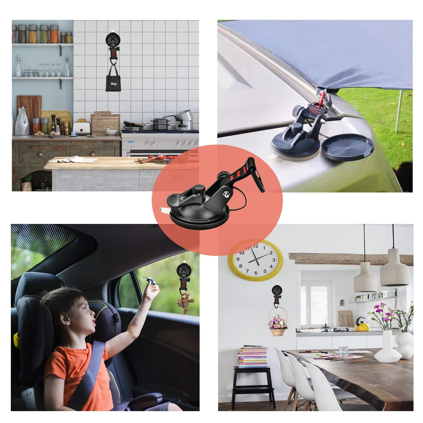 Suction Cup Camping Set - 4 piece suction cup hooks Extra strong suction hooks Multifunctional suction cups camping for car, awnings, motorhome, home, workshop