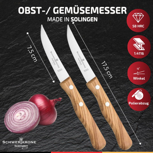 Sword Crown Kitchen Knife Set Solingen - Fruit & Vegetable Knife, 2 pieces, stainless steel, rustproof, olive wood, 3" blade.