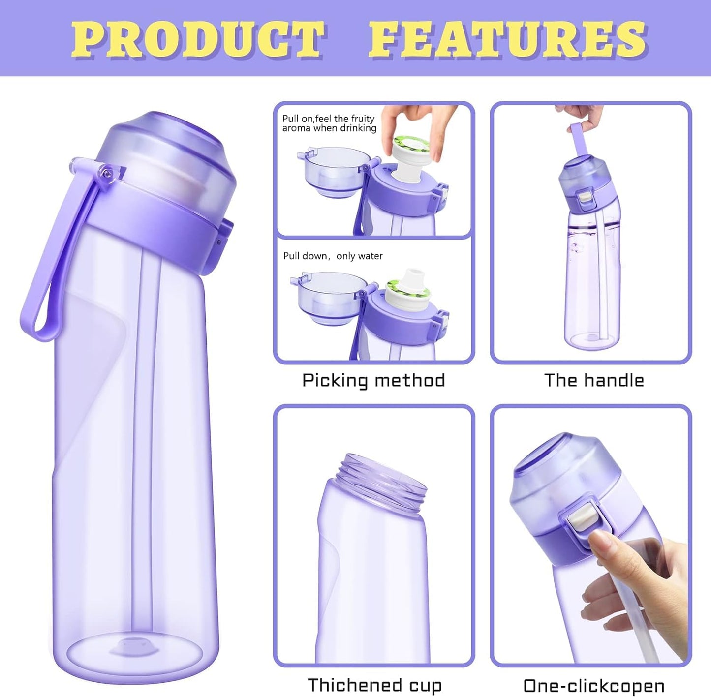 Air-water bottle, BPA-free, 650 ml, fruit-scented, water bottle with 5 flavors, leak-proof, sports water cup with straw, violet.