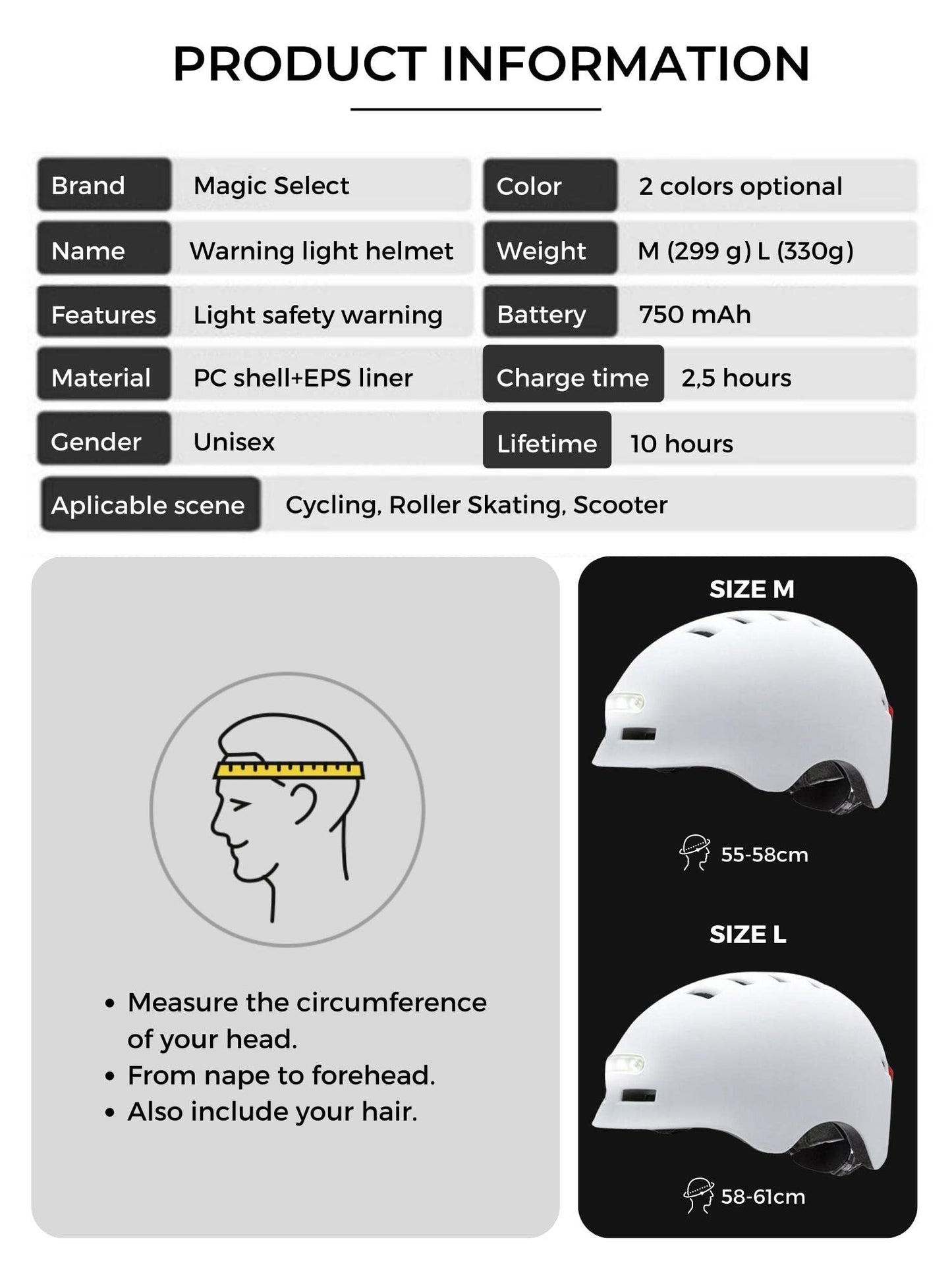 Bike helmet with red rear light + LED white front light. Electric scooter helmet, skate. Helmet for adults, lightweight with removable lining. PC + EPS shell, 14 ventilation openings and USB charging cable.